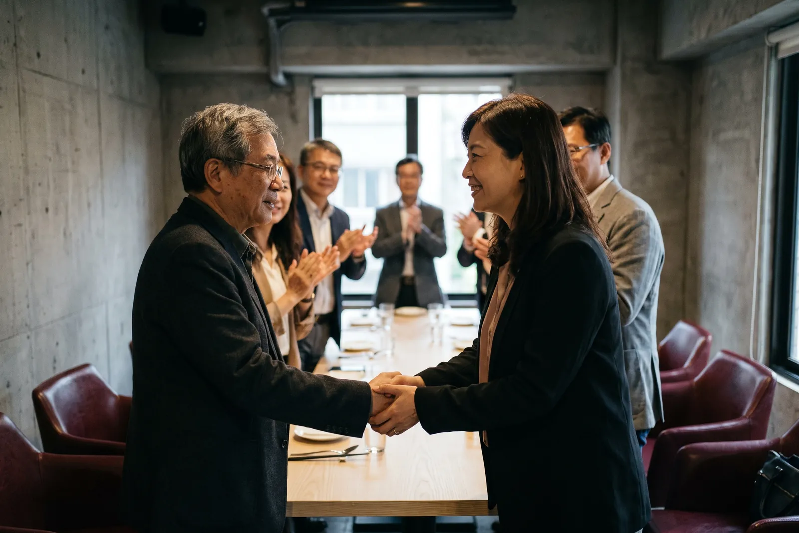 交接餐會上，卸任的社長跟新任社長握手，後面的成員在鼓掌。
