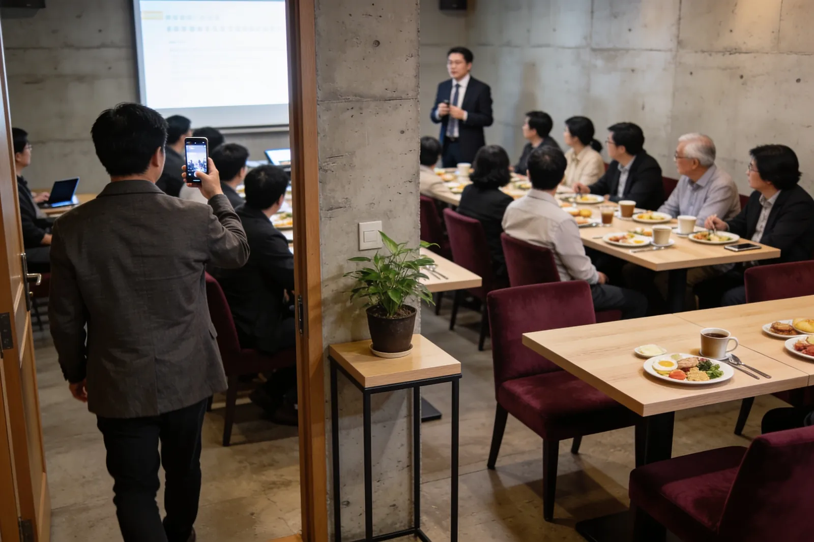 早上的餐廳包廂，二十幾位成員坐在長桌邊吃早餐，前方一位站著講話；門口一位剛到的成員舉起手機。