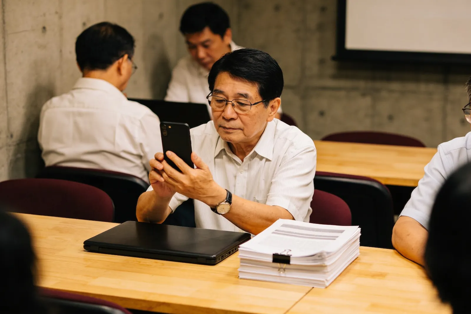 傍晚的會議室，一位戴眼鏡的社長坐在長桌前低頭看手機，手邊一台闔上的筆電，和一疊用長尾夾夾起來的名冊。